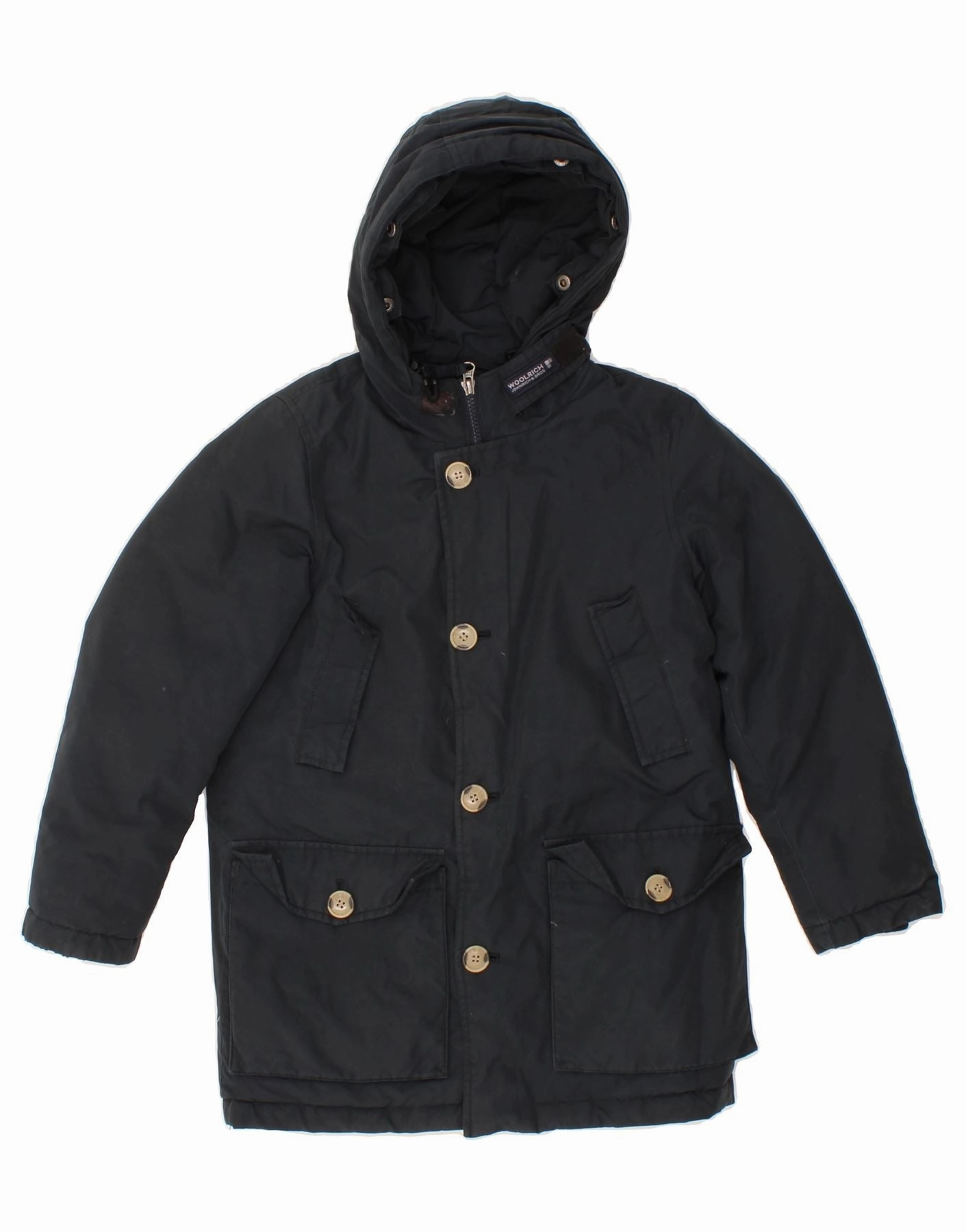 WOOLRICH Boys Hooded Padded Coat 7-8 Years Black Cotton Planner Thermal regulation