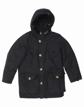 WOOLRICH Boys Hooded Padded Coat 7-8 Years Black Cotton Planner Thermal regulation