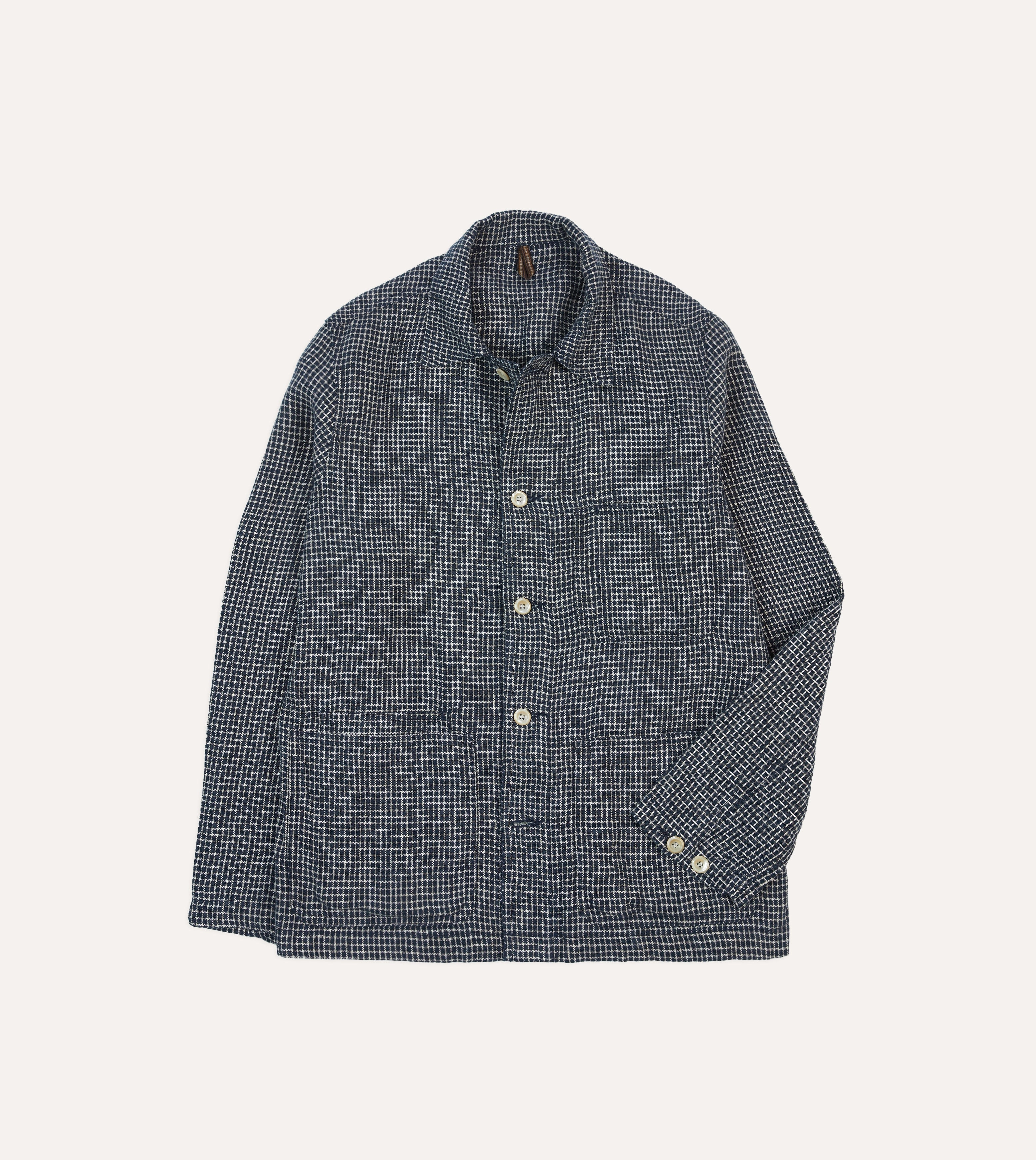 Jungle Sticker St. JOHN by Drake's Navy Check Linen Fatigue Jacket