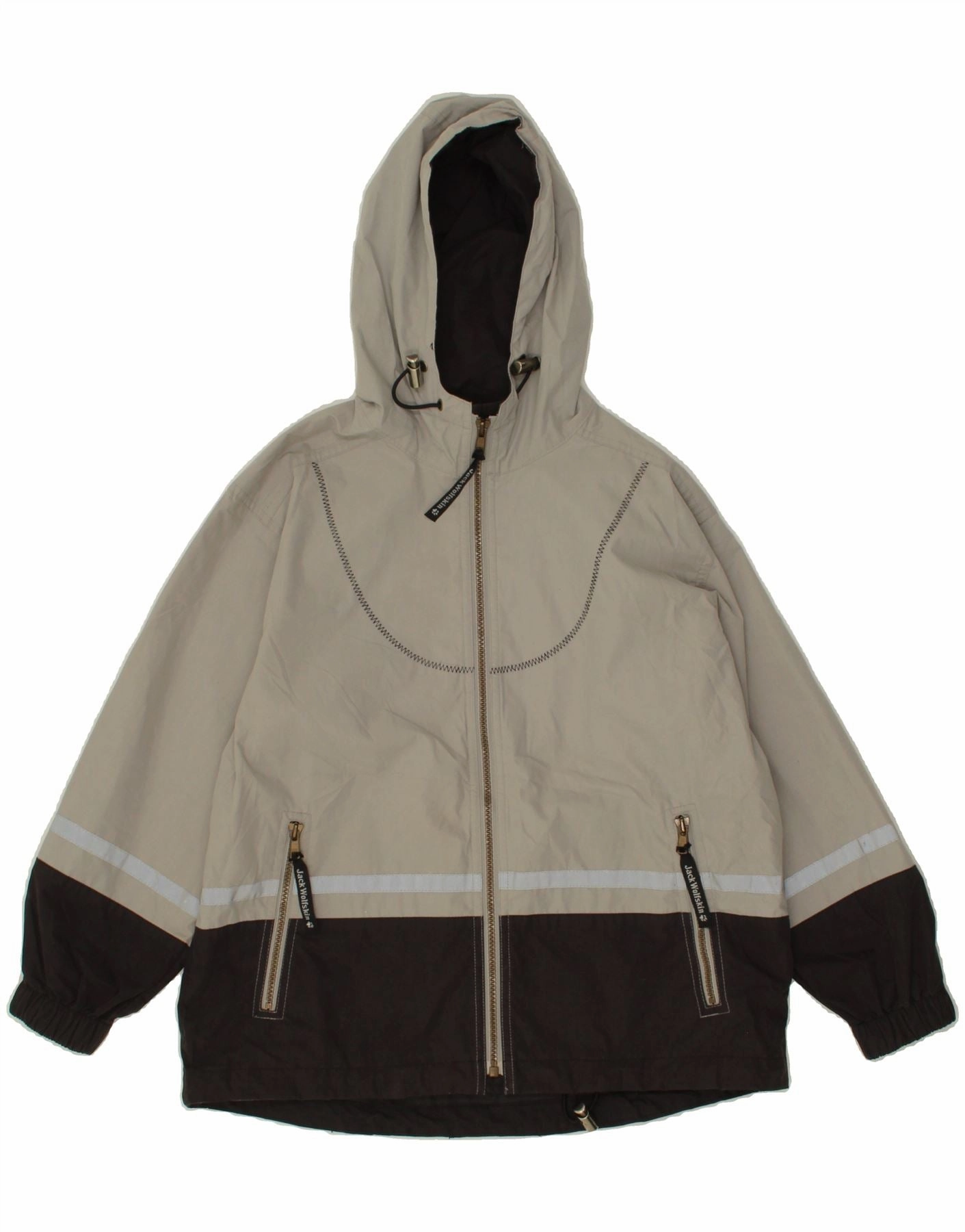 JACK WOLFSKIN Boys Oversized Graphic Hooded Raincoat 8-9 Years Grey Consent