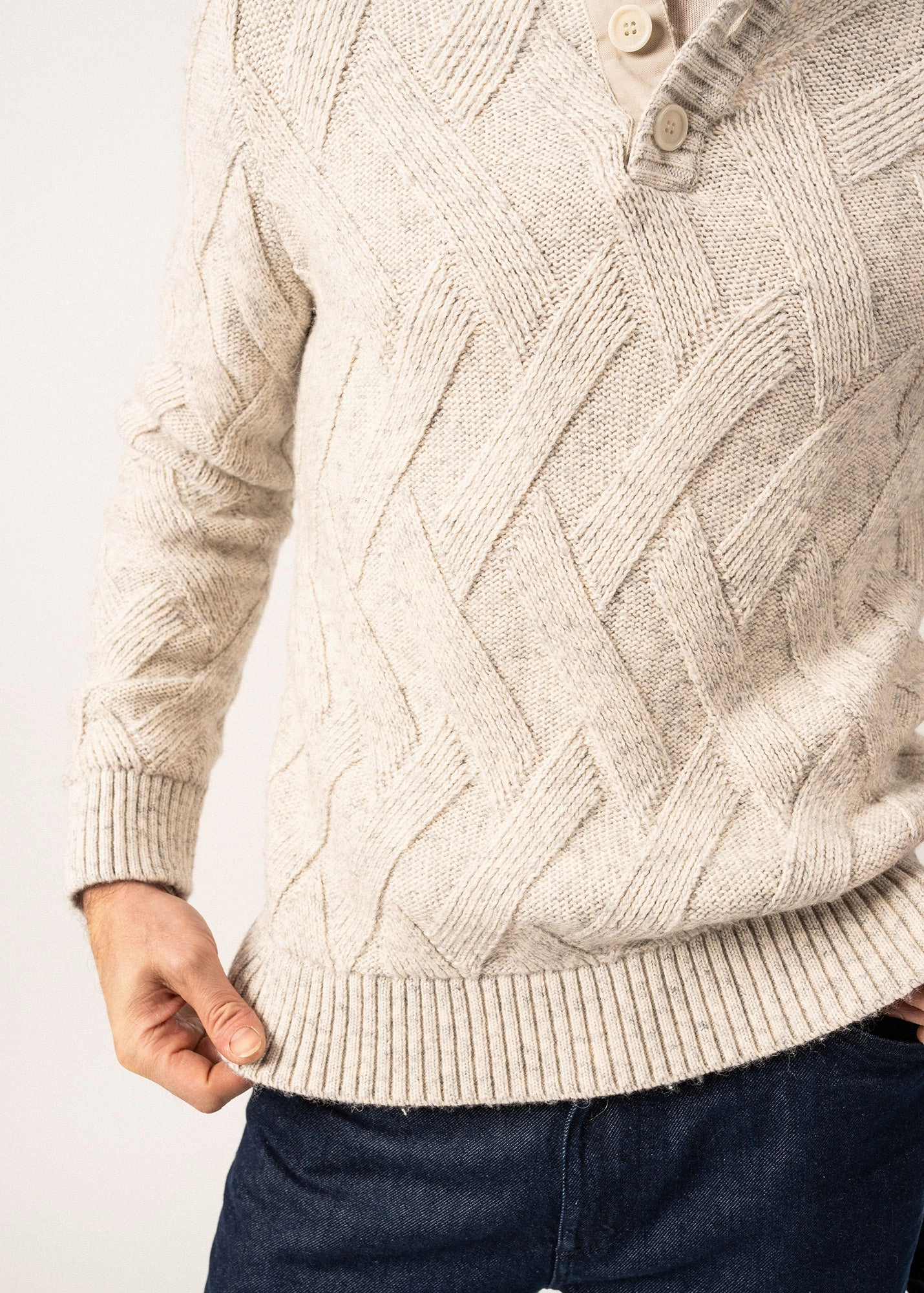 NEUCHATEL - 1/4 Buttoned, High-Collar Sweater with Structured Knit (LIGHT GRAY MELANGE) Perfect Knit Effortless Layer