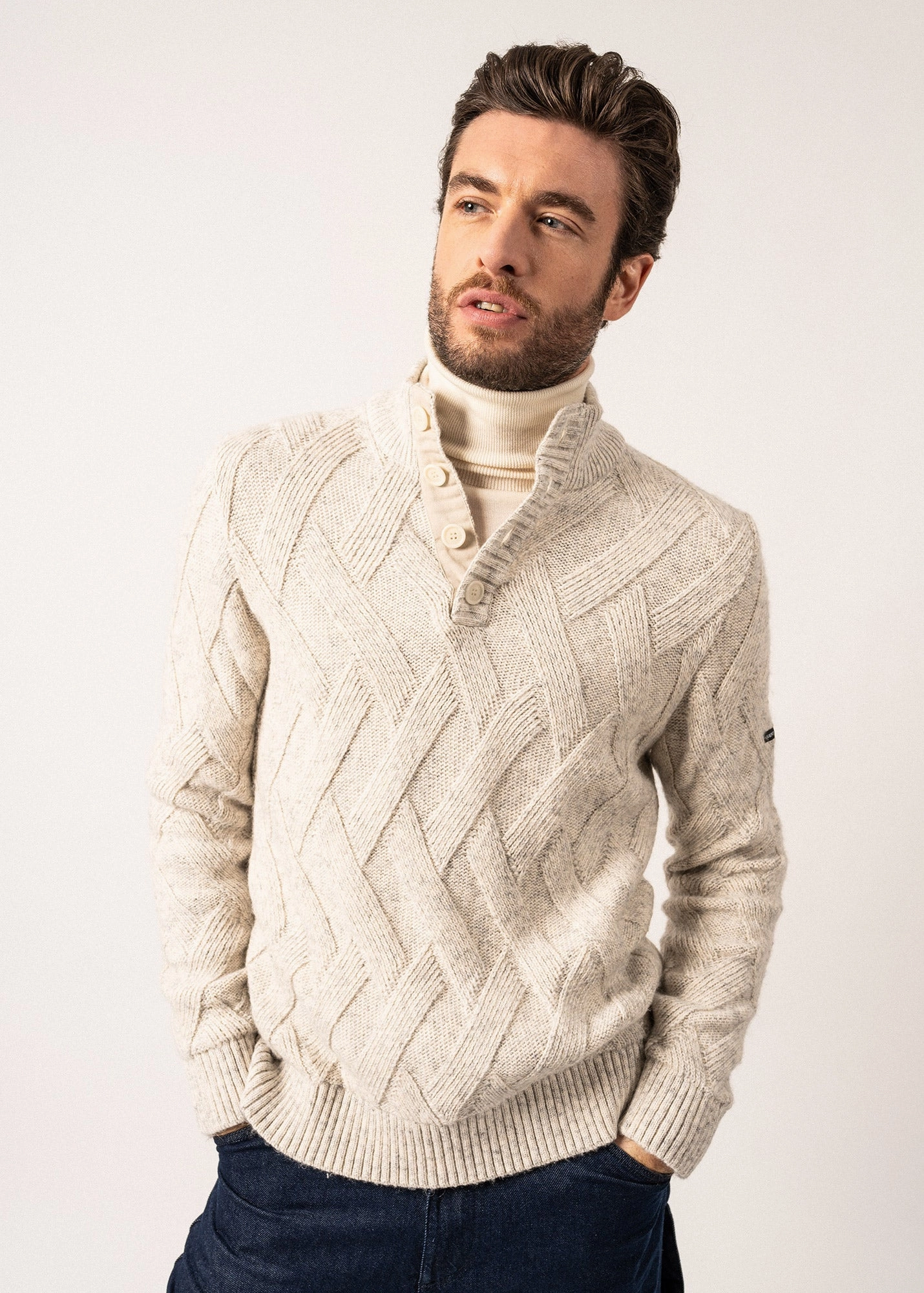 All Day Comfort Fit Effortless Comfort NEUCHATEL - 1/4 Buttoned, High-Collar Sweater with Structured Knit (LIGHT GRAY MELANGE)