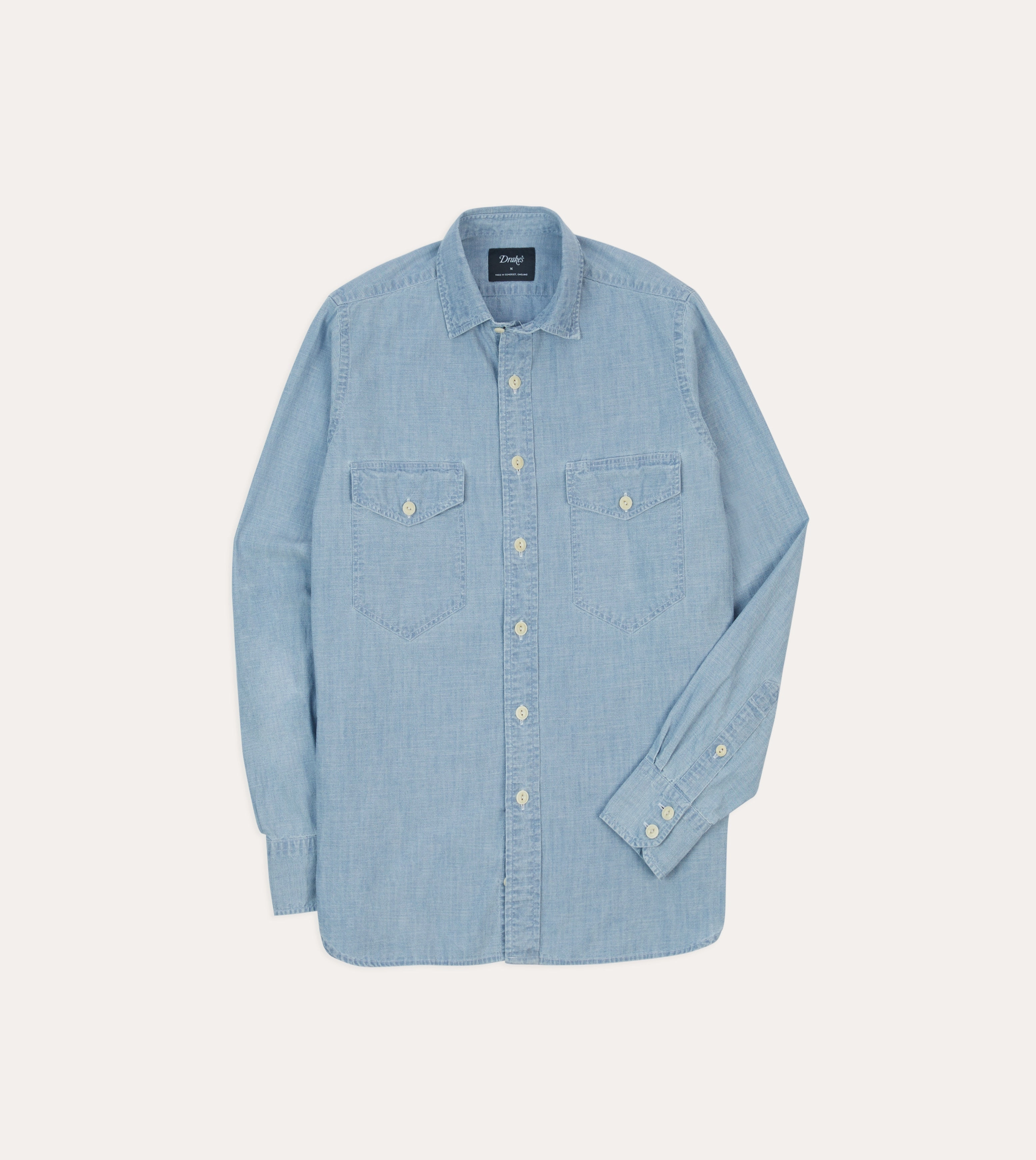 Blue Cotton Chambray Two-Pocket Work Shirt Comfortable Wear