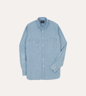 Blue Cotton Chambray Two-Pocket Work Shirt Comfortable Wear