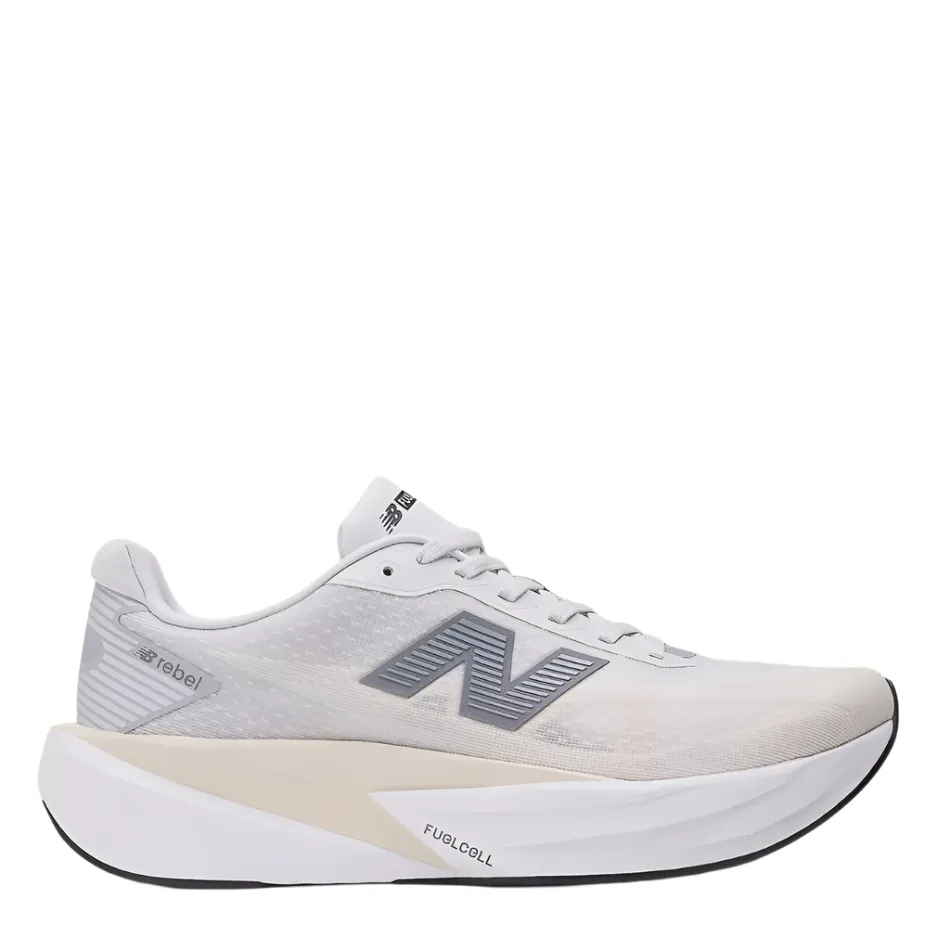 Heat Sealed Seam Technology flat - sole shoes New Balance Men's Fuelcell Rebel v5 Running Shoes in Grey Matter/Linen/White AW25