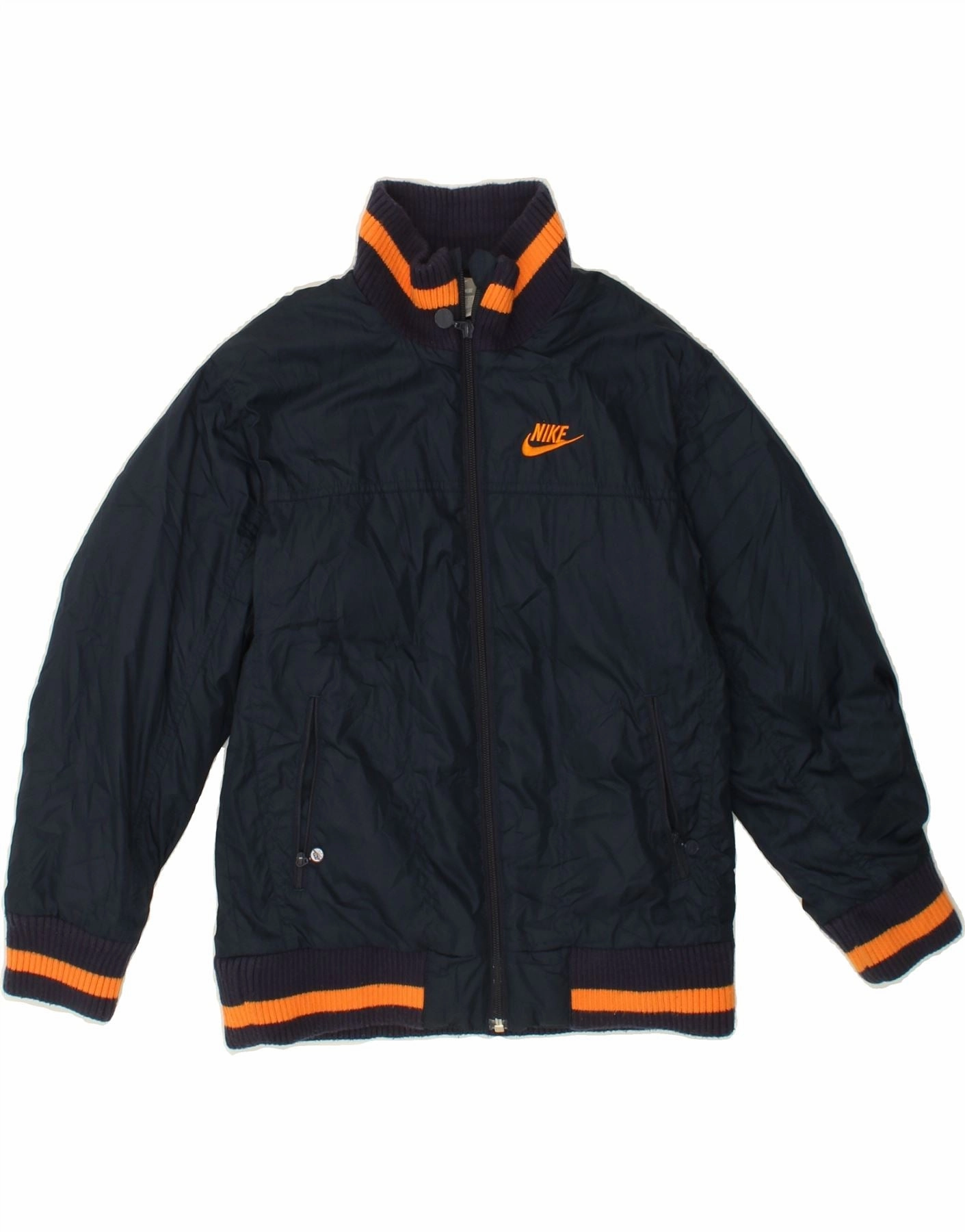 NIKE Boys Graphic Bomber Jacket 10-11 Years Medium Navy Blue Polyester Heat Regulating Technology Subtle