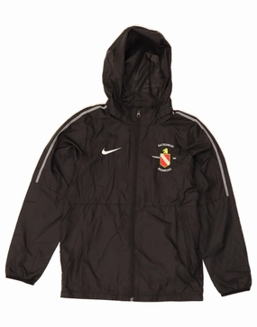 NIKE Boys Graphic Hooded Rain Jacket 12-13 Years Large Black Polyester Cold Morning