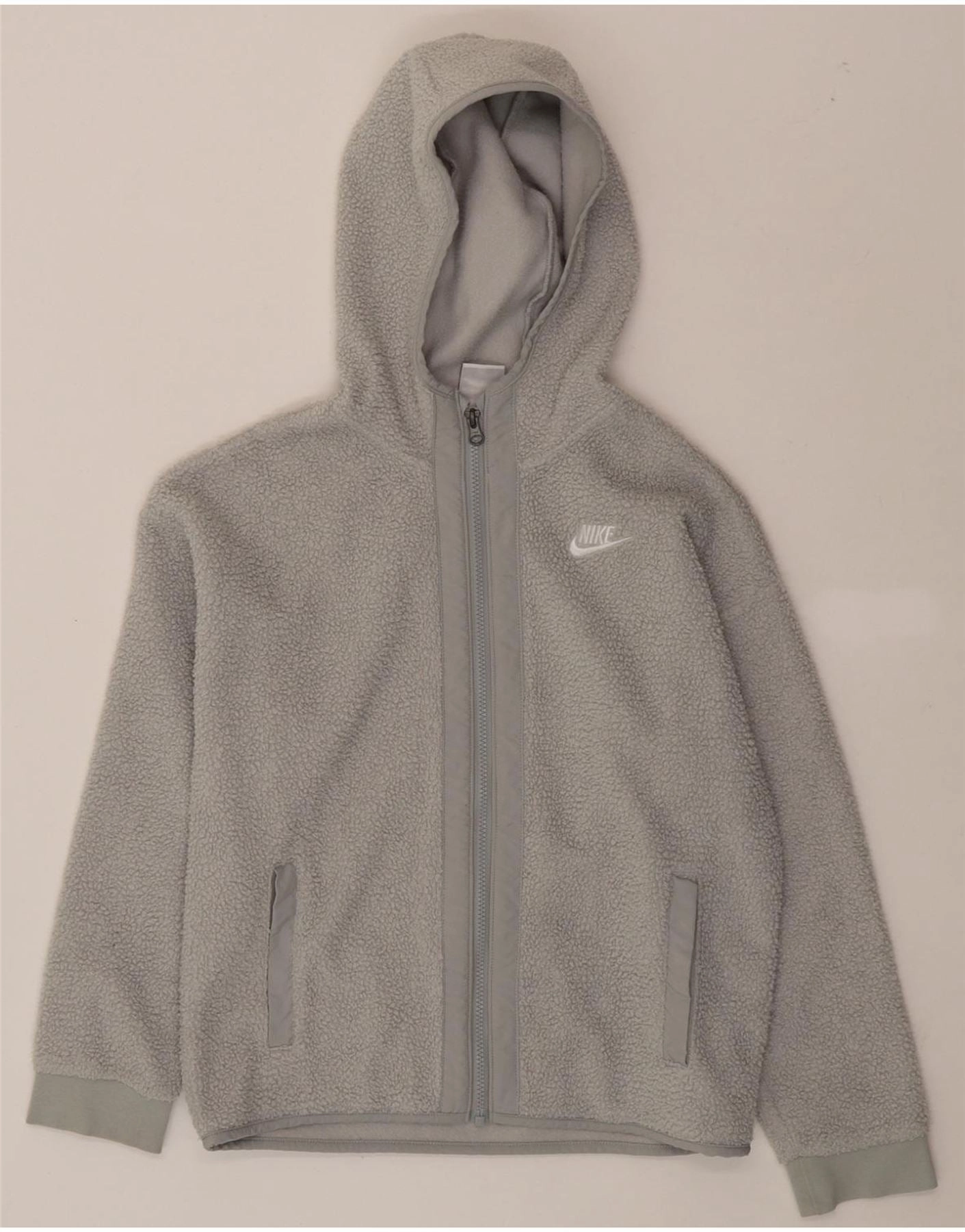 NIKE Boys Hooded Fleece Jacket 12-13 Years Large Grey Polyester Loop Fastened Hood brand - new