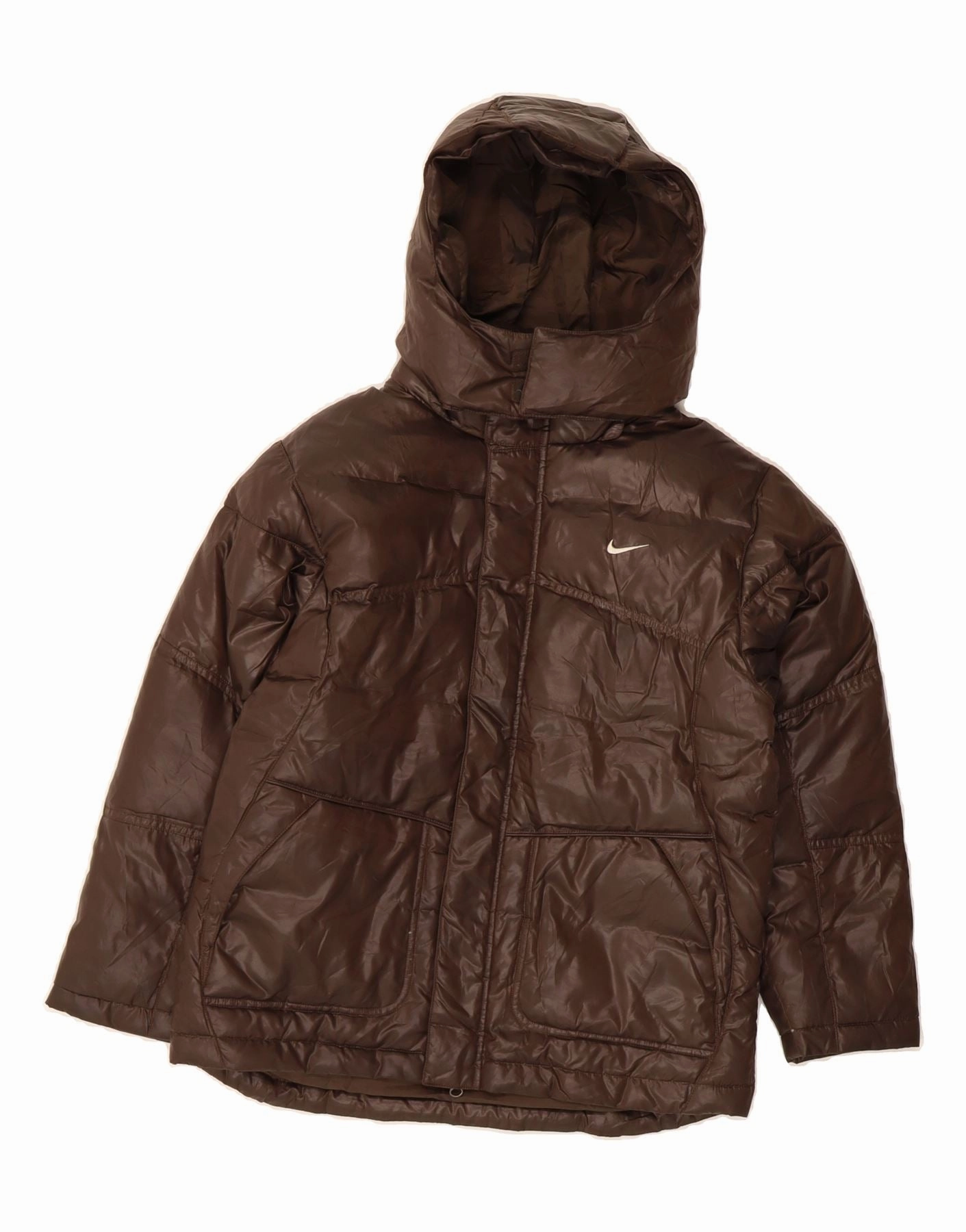 NIKE Boys Hooded Padded Jacket 10-11 Years Medium Brown Polyester suitable for extreme sports suitable for land sports