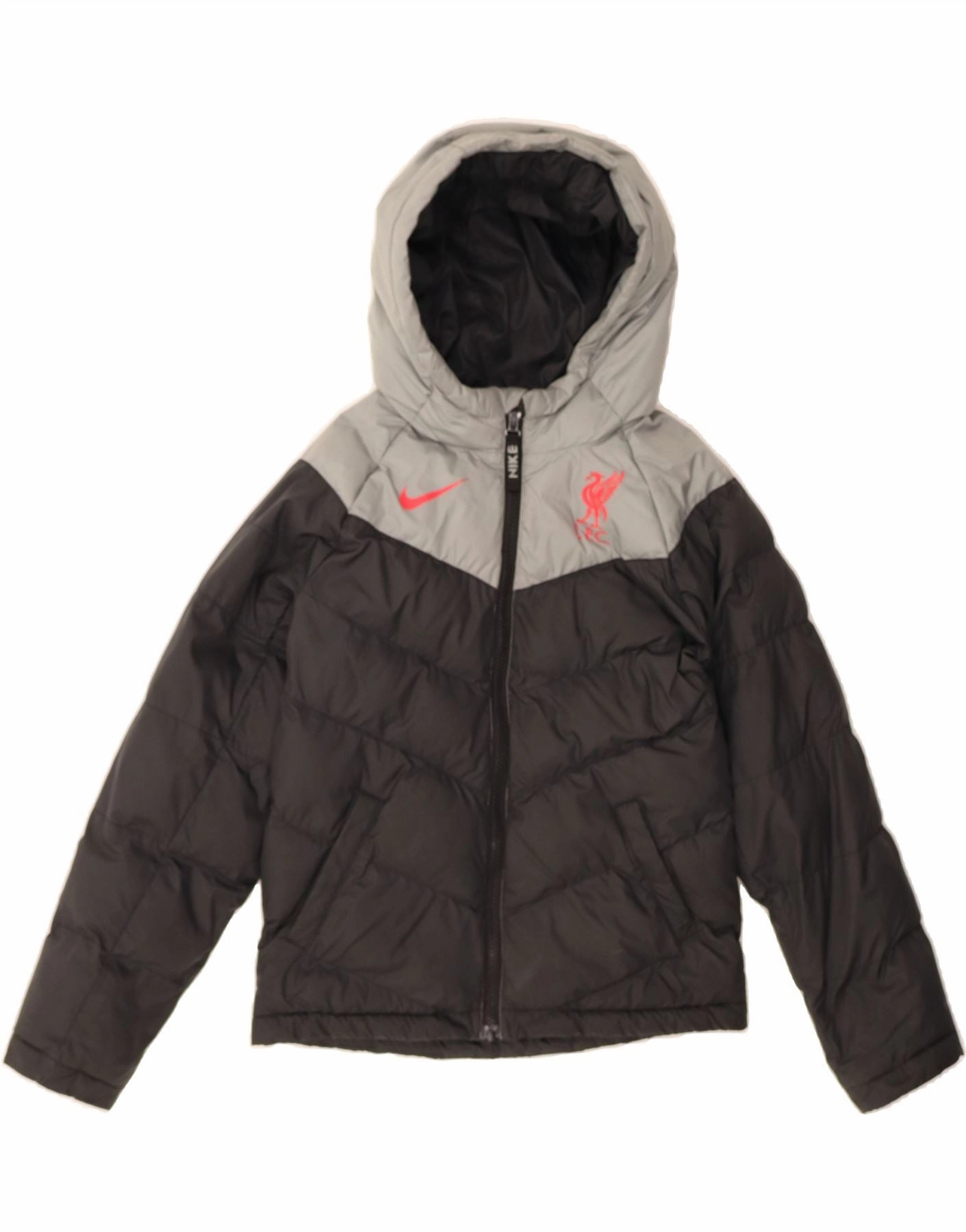 NIKE Boys Hooded Padded Jacket 10-11 Years Medium Grey Colourblock Magnetic Closure System budget-friendly