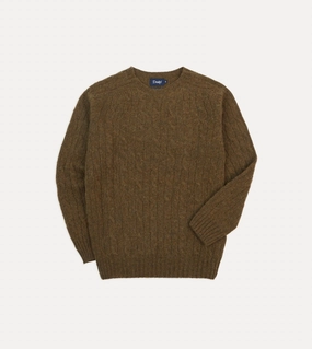 Olive Brushed Cable Knit Shetland Crew Neck Jumper Everyday Style Lightweight insulation
