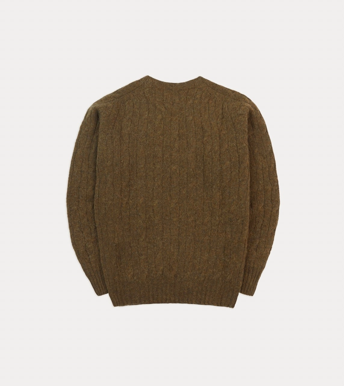 Olive Brushed Cable Knit Shetland Crew Neck Jumper Water Repellent Treatment Sustainable Manufacturing