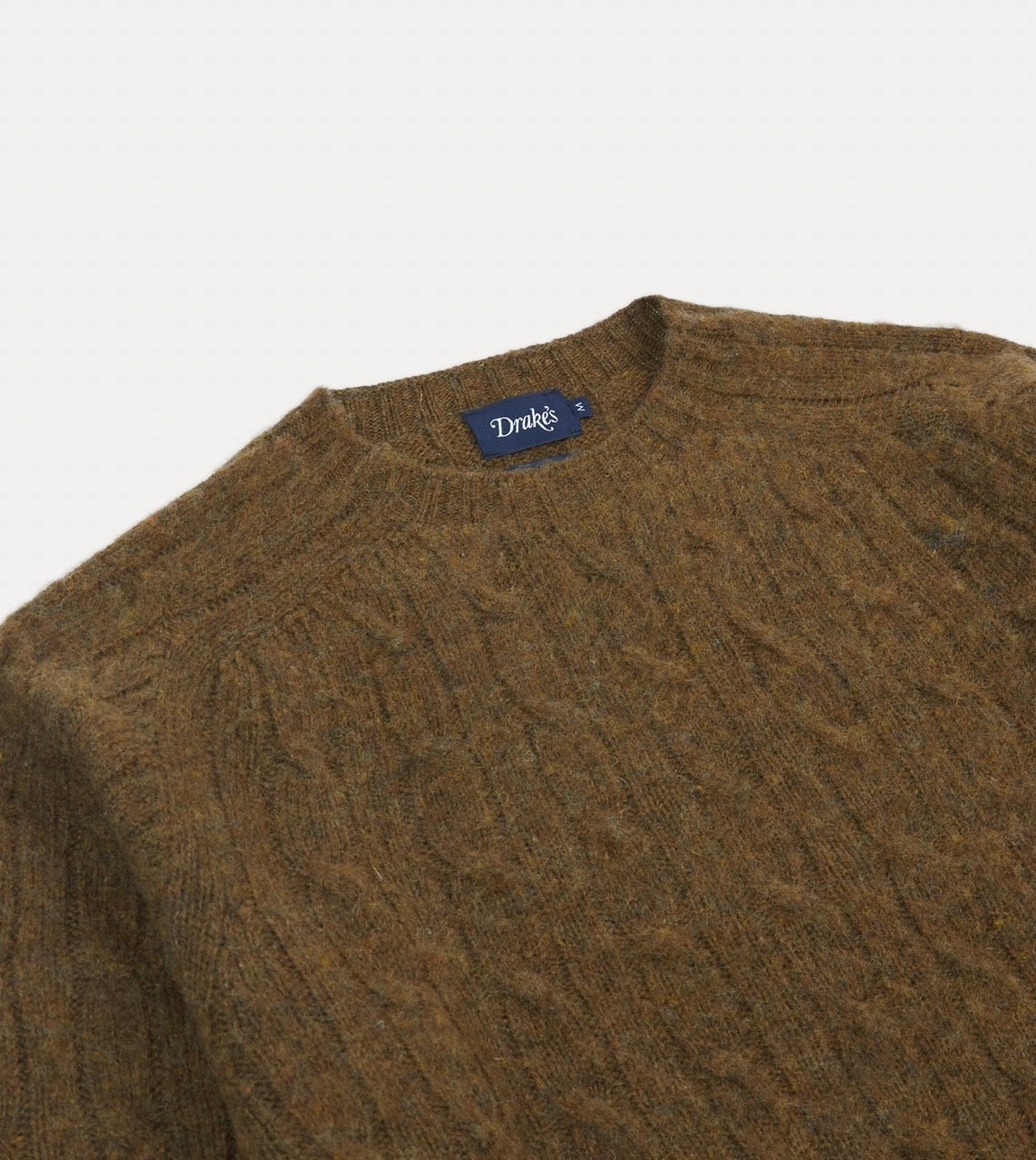 Olive Brushed Cable Knit Shetland Crew Neck Jumper Breathable Mesh Panels Organic Cotton Yarn