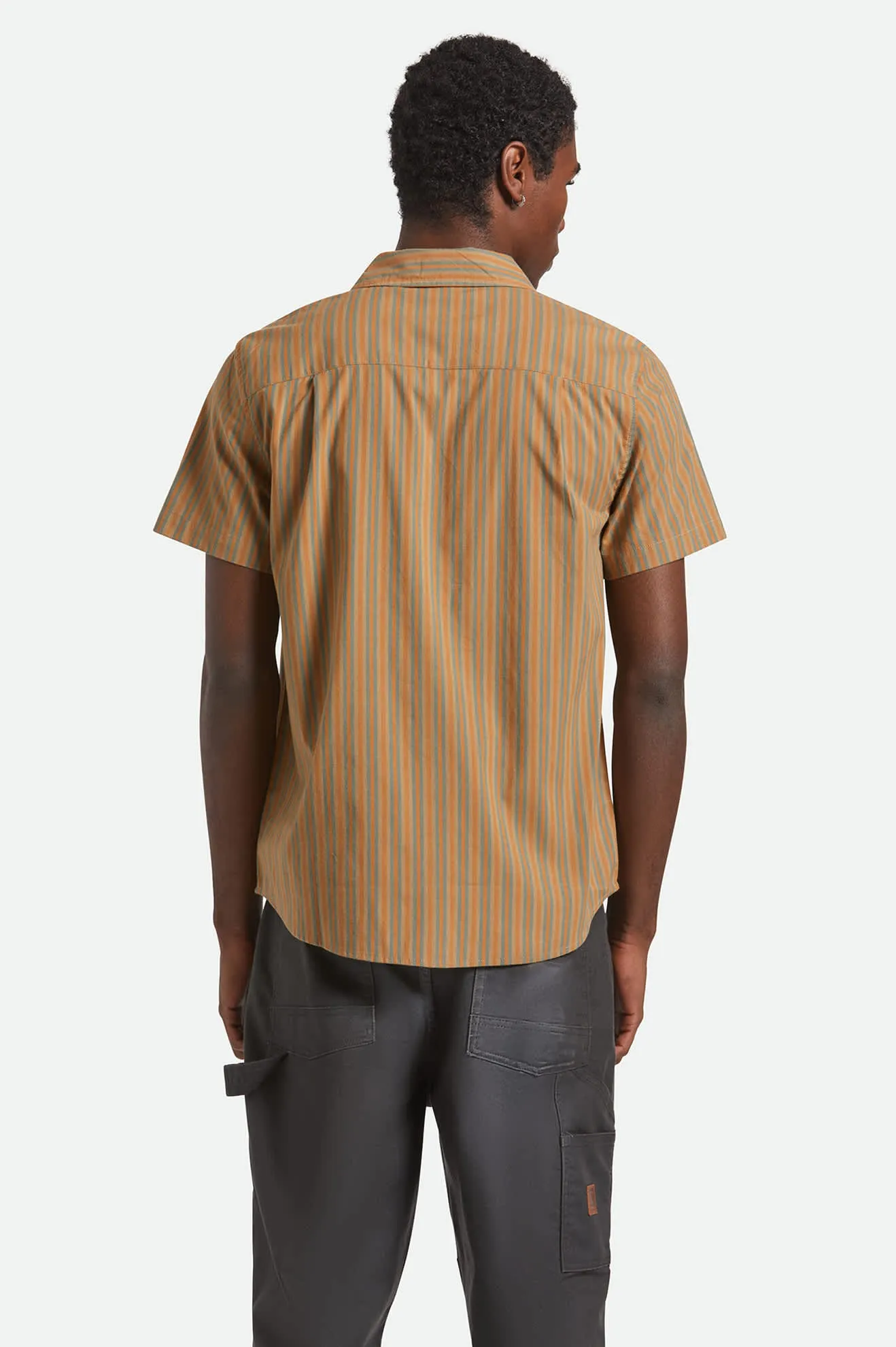 Charter Stripe S/S Shirt - Rustic Caramel/Night Sage High Neck Interview Ready