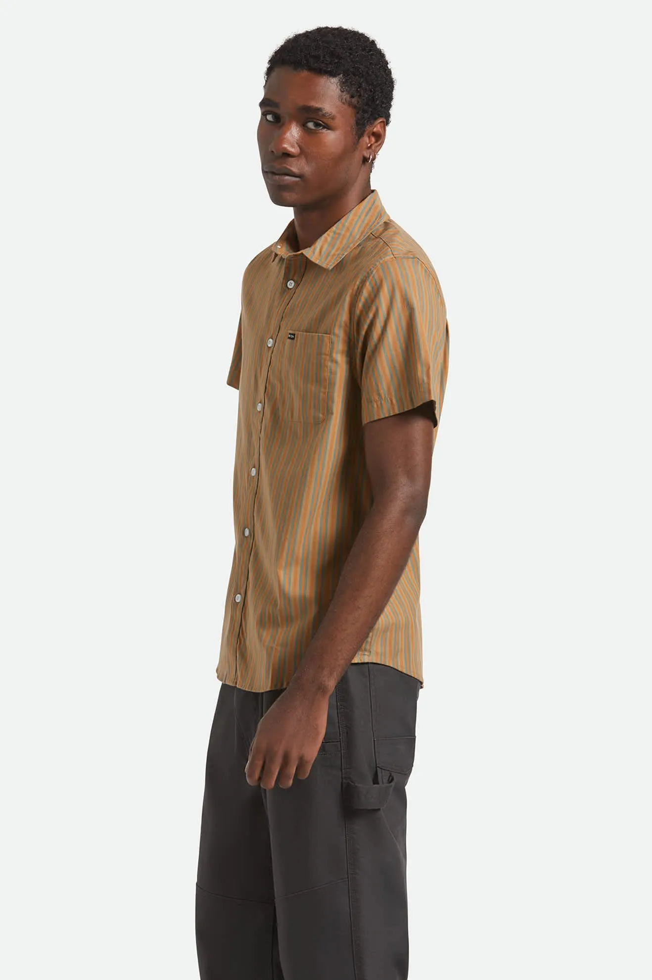 Charter Stripe S/S Shirt - Rustic Caramel/Night Sage Reinforced Buttonholes