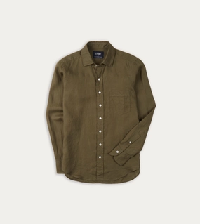 Designer Touch Khaki Green Linen Spread Collar Shirt