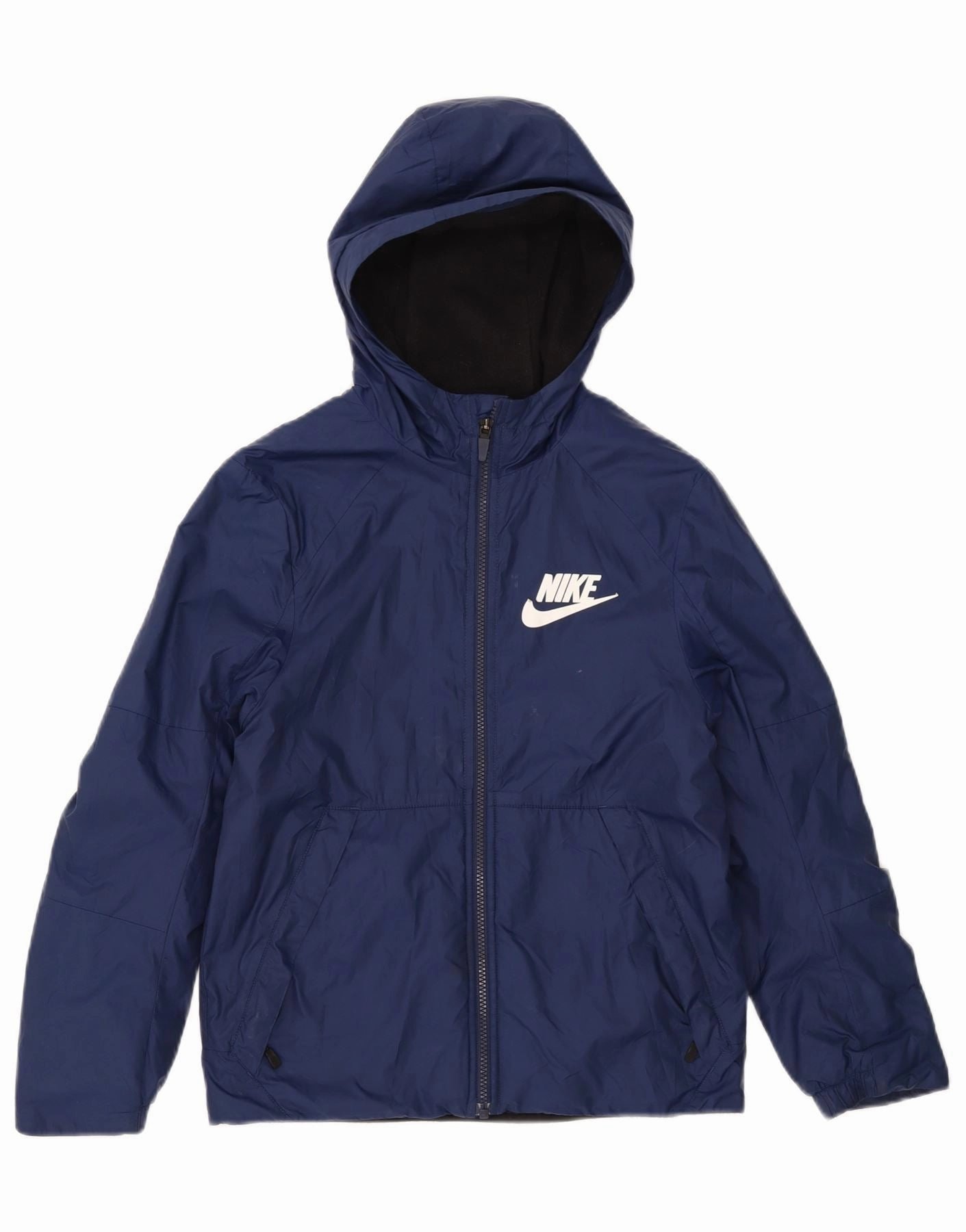 NIKE Boys Hooded Windbreaker Jacket 12-13 Years Large Navy Blue Polyester Eco Friendly Insulation