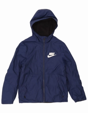 NIKE Boys Hooded Windbreaker Jacket 12-13 Years Large Navy Blue Polyester Eco Friendly Insulation