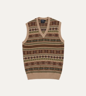 Beige Cotton Cashmere Fair Isle Knit Vest Homewear Style Soft Stretch