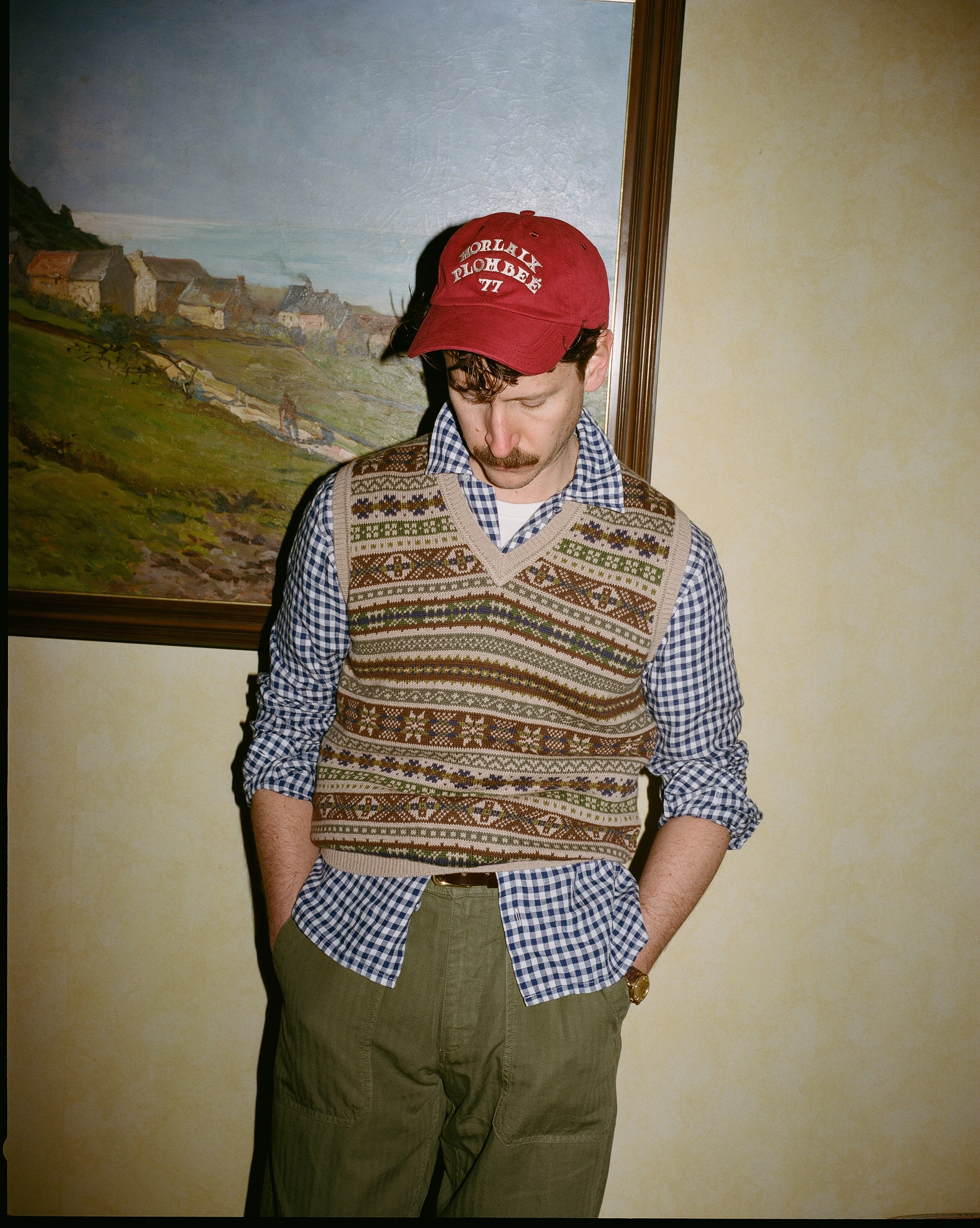 Beige Cotton Cashmere Fair Isle Knit Vest Brushed Interior