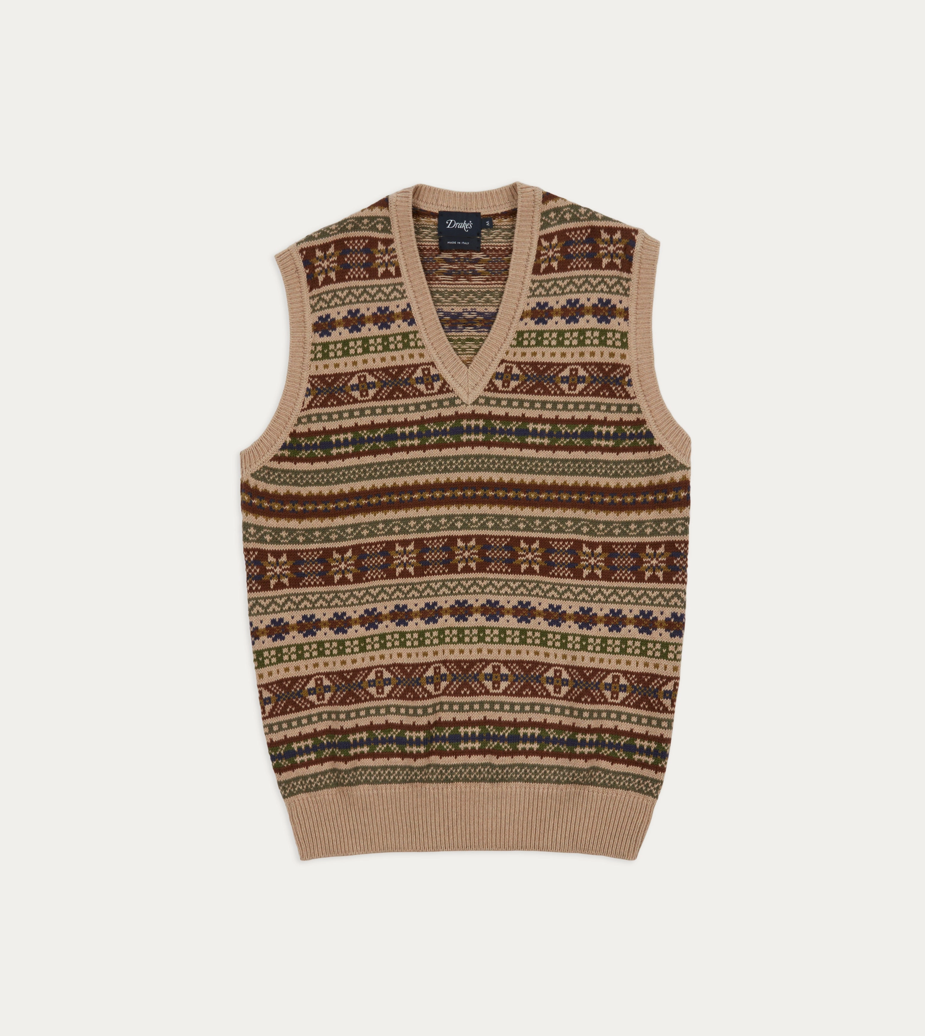 Beige Cotton Cashmere Fair Isle Knit Vest Homewear Style Soft Stretch