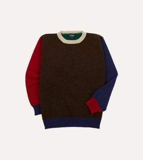 Brown Multi Colourblock Brushed Shetland Crew Neck Jumper Non Restrictive Cuff