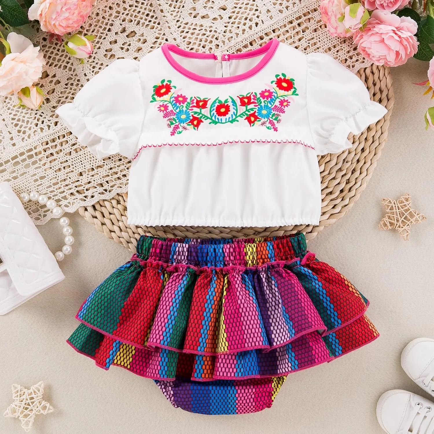 Noubeau Toddler Baby Girl Cinco De Mayo Outfits Mexican Embroidery Floral Crop Top Ethnic Wear Fiesta 1st Birthday Clothes