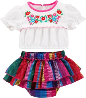 Noubeau Toddler Baby Girl Cinco De Mayo Outfits Mexican Embroidery Floral Crop Top Ethnic Wear Fiesta 1st Birthday Clothes