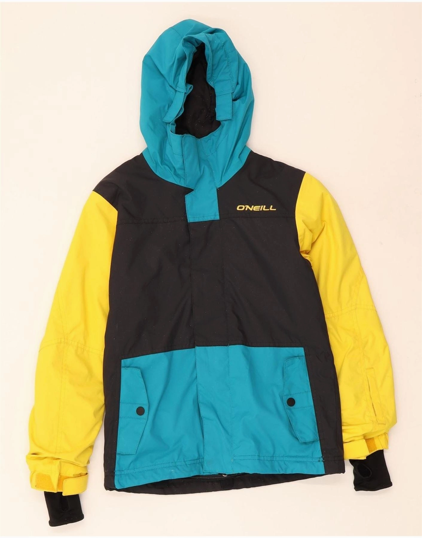 Dry Touch O'NEILL Boys Graphic Hooded Rain Jacket 7-8 Years Black Colourblock Nylon