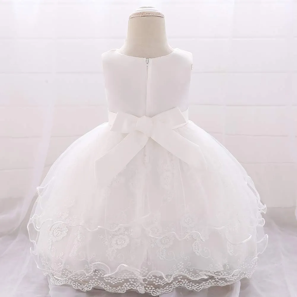 OBEEII Baby Girl Christening Baptism Gown Flower Embroidery Tutu Dress Special Occasion Tulle Dress