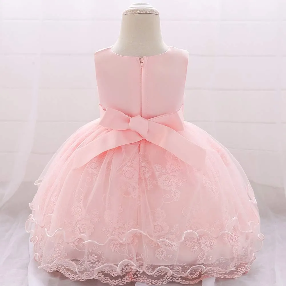OBEEII Baby Girl Christening Baptism Gown Flower Embroidery Tutu Dress Special Occasion Tulle Dress