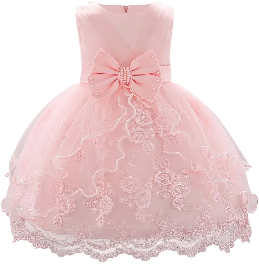 OBEEII Baby Girl Christening Baptism Gown Flower Embroidery Tutu Dress Special Occasion Tulle Dress