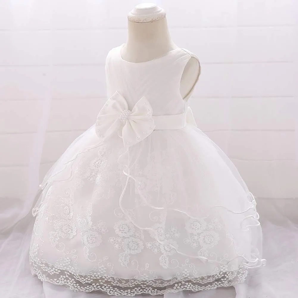 OBEEII Baby Girl Christening Baptism Gown Flower Embroidery Tutu Dress Special Occasion Tulle Dress