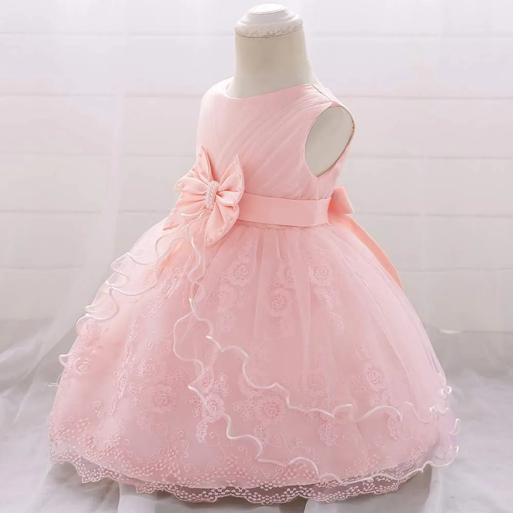 OBEEII Baby Girl Christening Baptism Gown Flower Embroidery Tutu Dress Special Occasion Tulle Dress