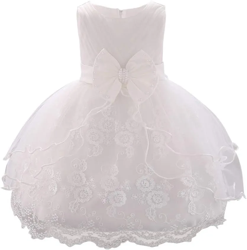OBEEII Baby Girl Christening Baptism Gown Flower Embroidery Tutu Dress Special Occasion Tulle Dress