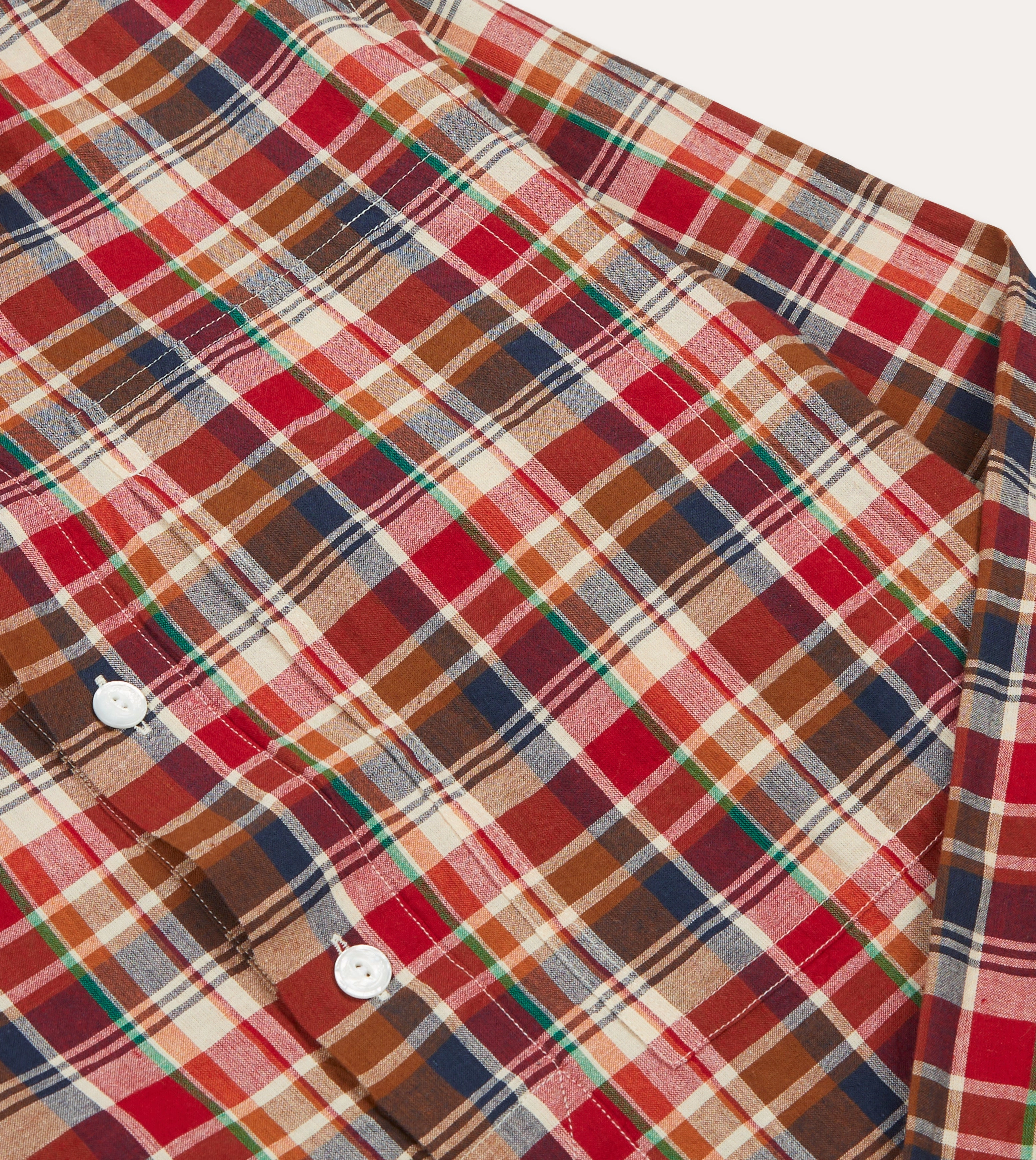 Wardrobe Must-Have Textured Finish Brown, Navy and Red Madras Check Cotton Mandarin Collar Popover Shirt