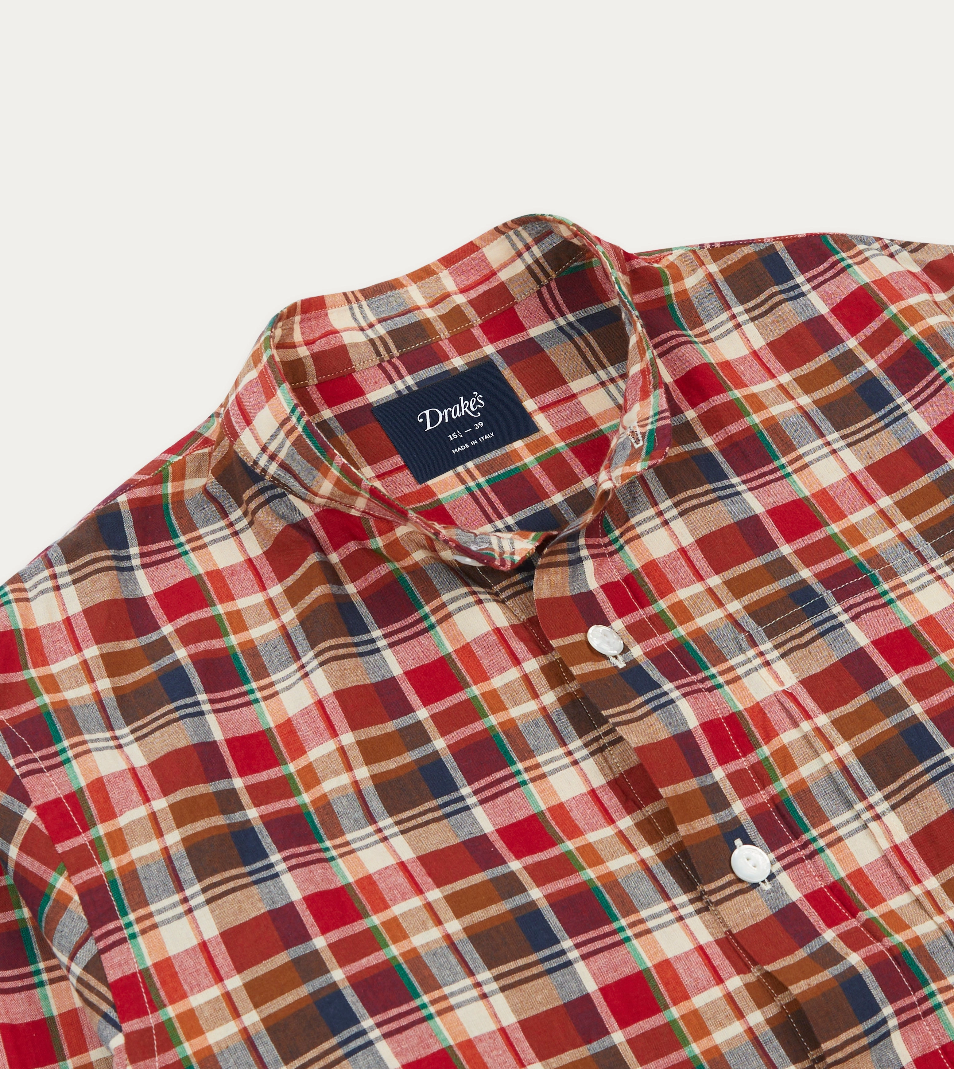 Brown, Navy and Red Madras Check Cotton Mandarin Collar Popover Shirt Unmatched comfort