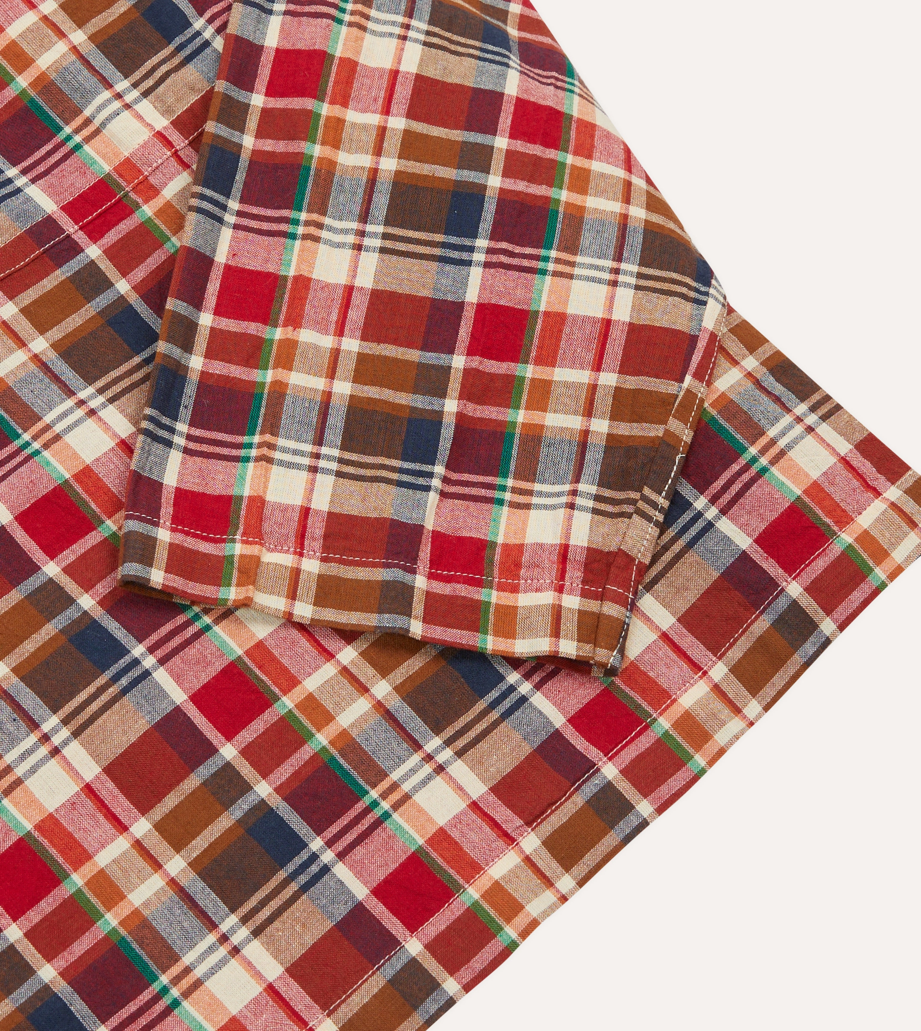 Brown, Navy and Red Madras Check Cotton Mandarin Collar Popover Shirt Outerwear Companion