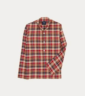 Cooling Core Technology Brown, Navy and Red Madras Check Cotton Mandarin Collar Popover Shirt