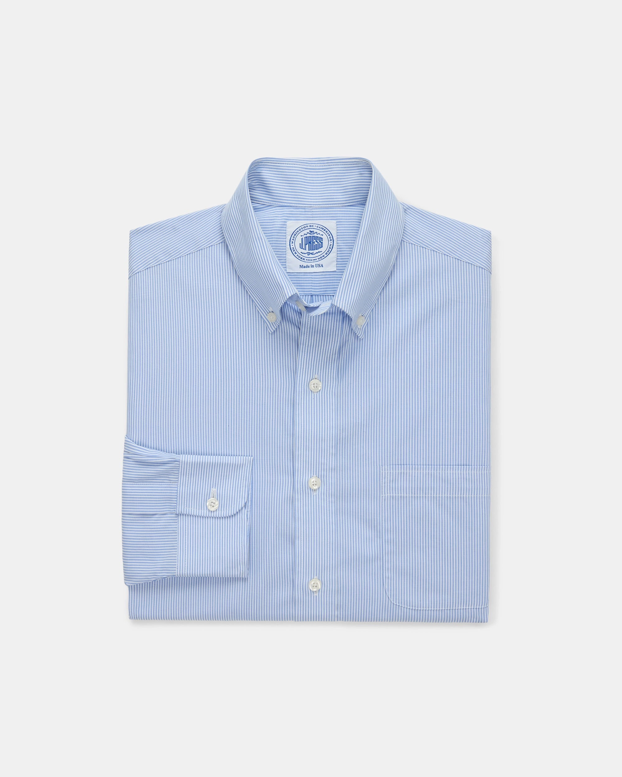 Made-in-Canada Medium Blue Hairline Stripe Button Down Shirt - Classic Fit Current Style Retro Vibe