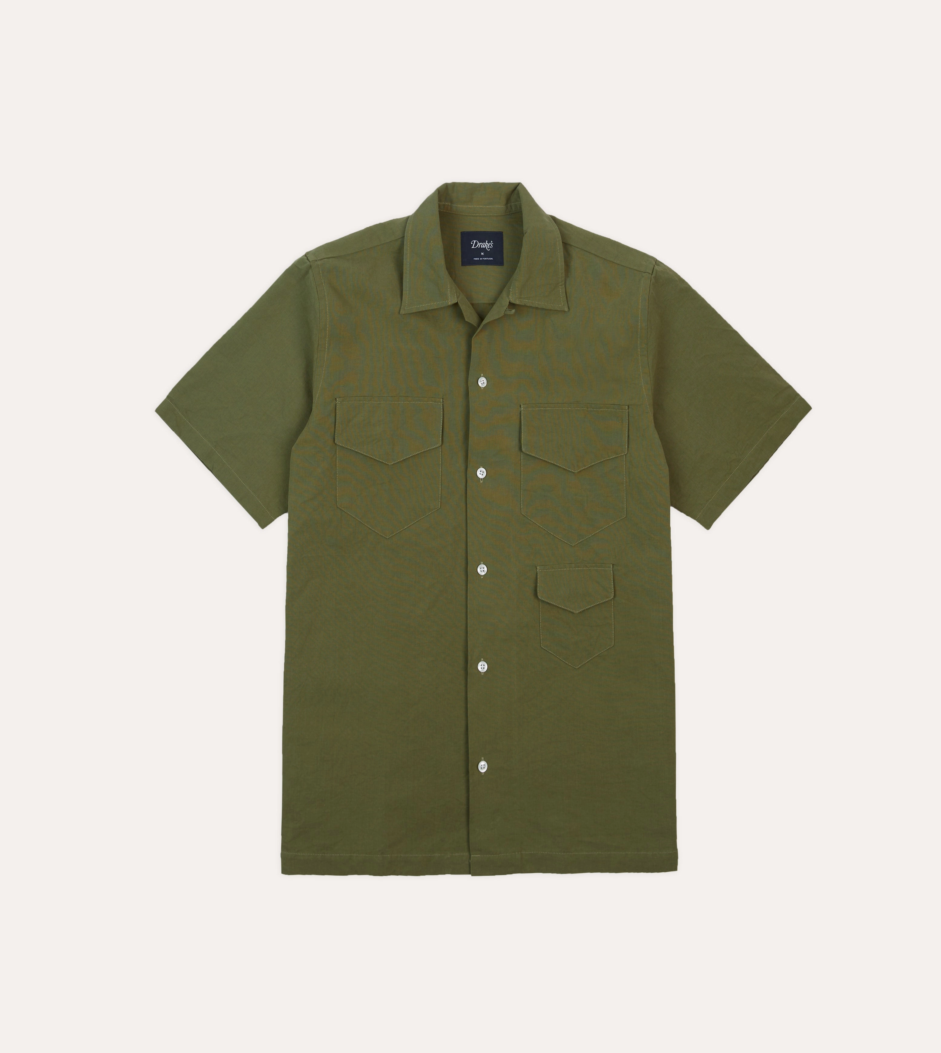 Odor Resistant Olive Cotton-Linen Camp Collar Three Pocket Short Sleeve Shirt