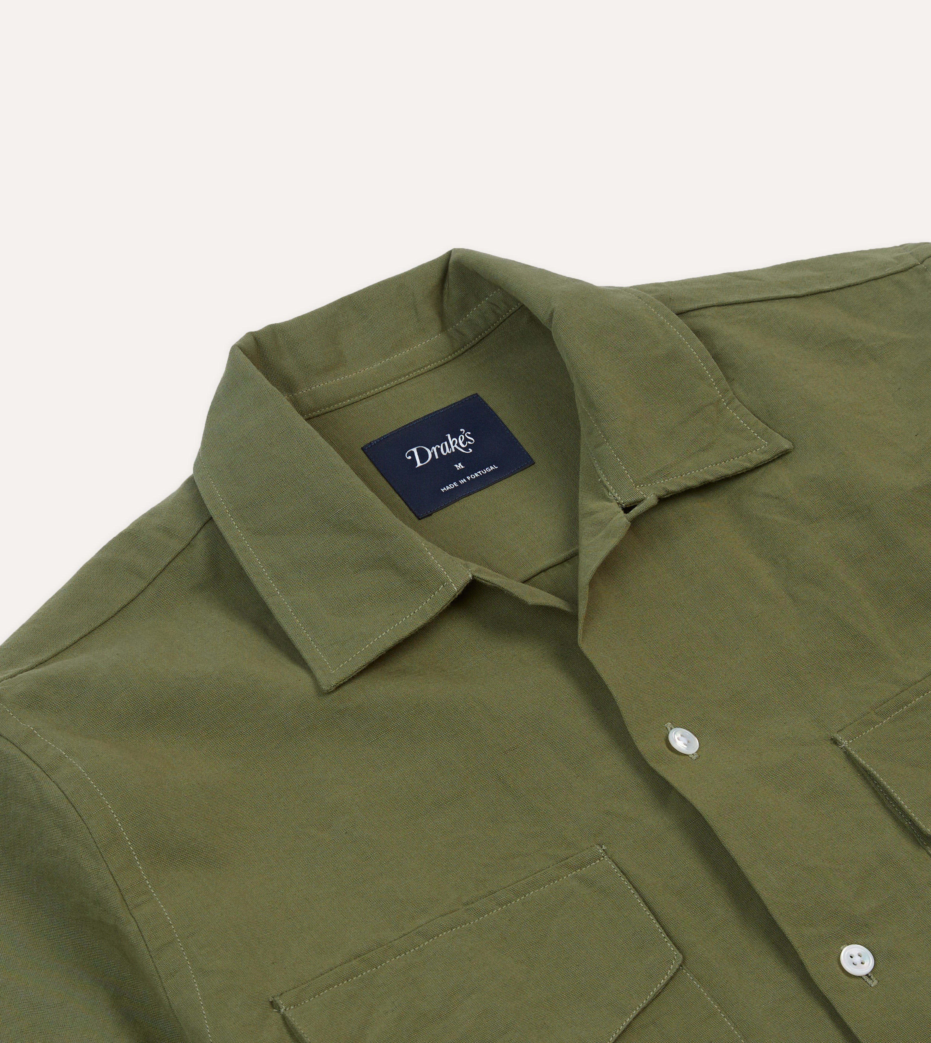 Petite Cut Graduation Ceremony Olive Cotton-Linen Camp Collar Three Pocket Short Sleeve Shirt
