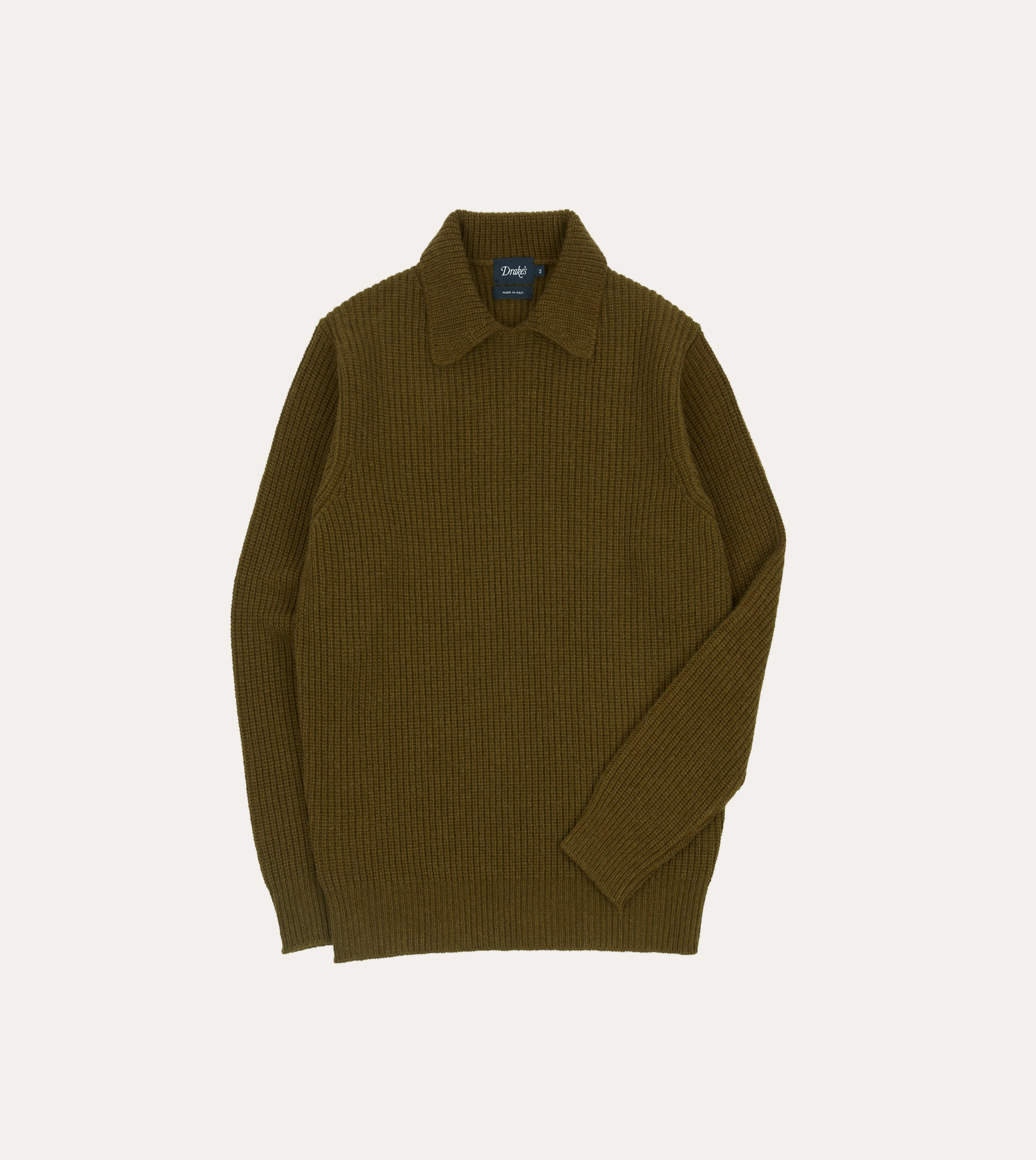 Cozy Fleece Fall Walk Olive Green Alpaca Lambswool Ribbed Integral Collar Jumper