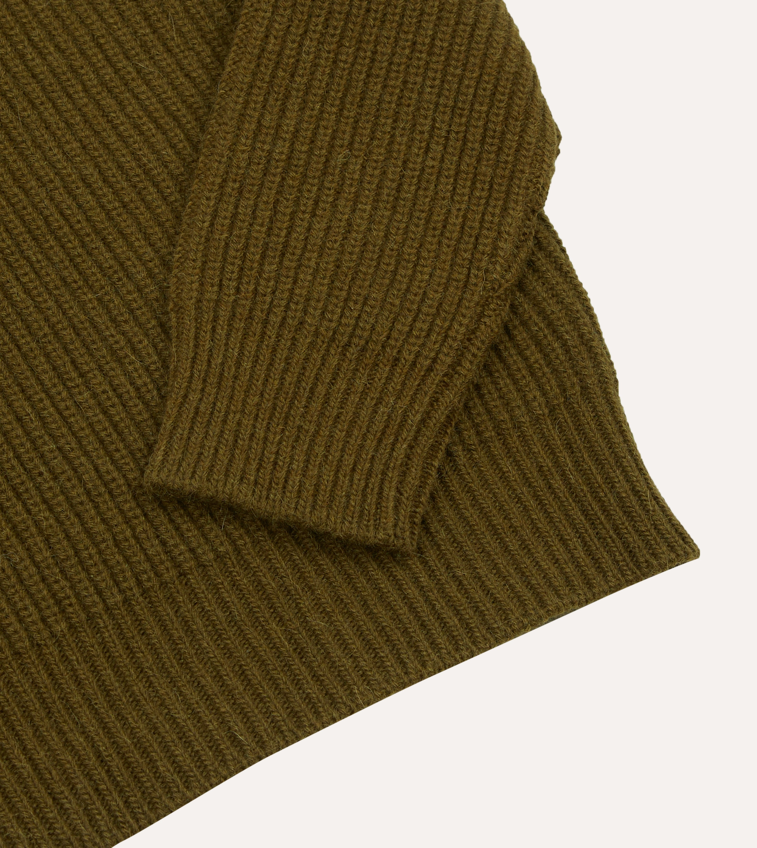 Olive Green Alpaca Lambswool Ribbed Integral Collar Jumper Elastic hemline