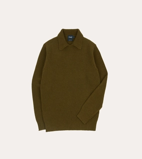 Cozy Fleece Fall Walk Olive Green Alpaca Lambswool Ribbed Integral Collar Jumper