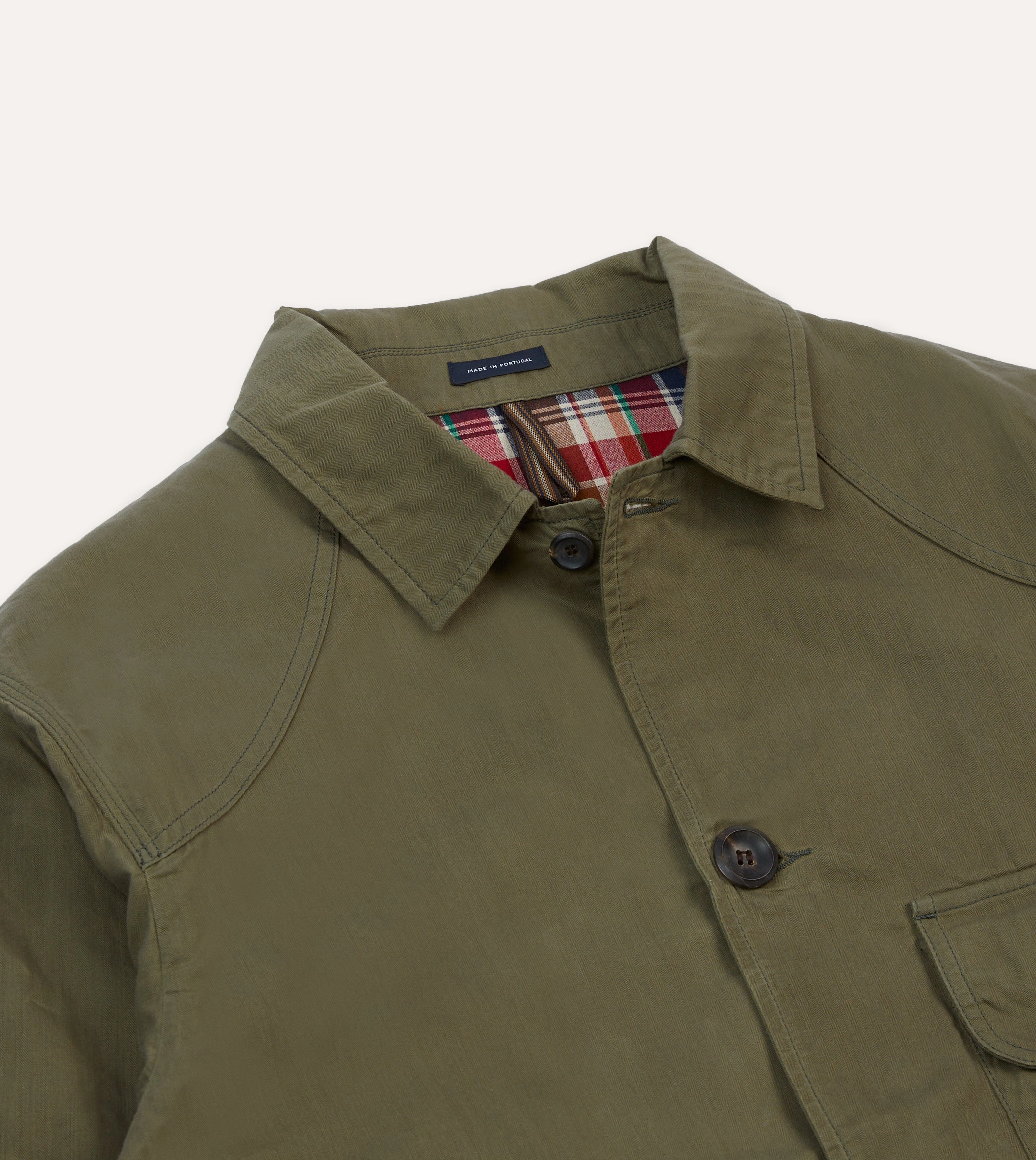 Olive Green Waxed Cotton Canvas Chasseur Jacket Check