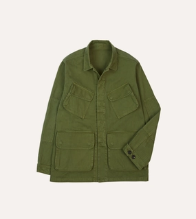 Olive Herringbone Cotton Jungle Jacket Fade Resistant Dye Fitted