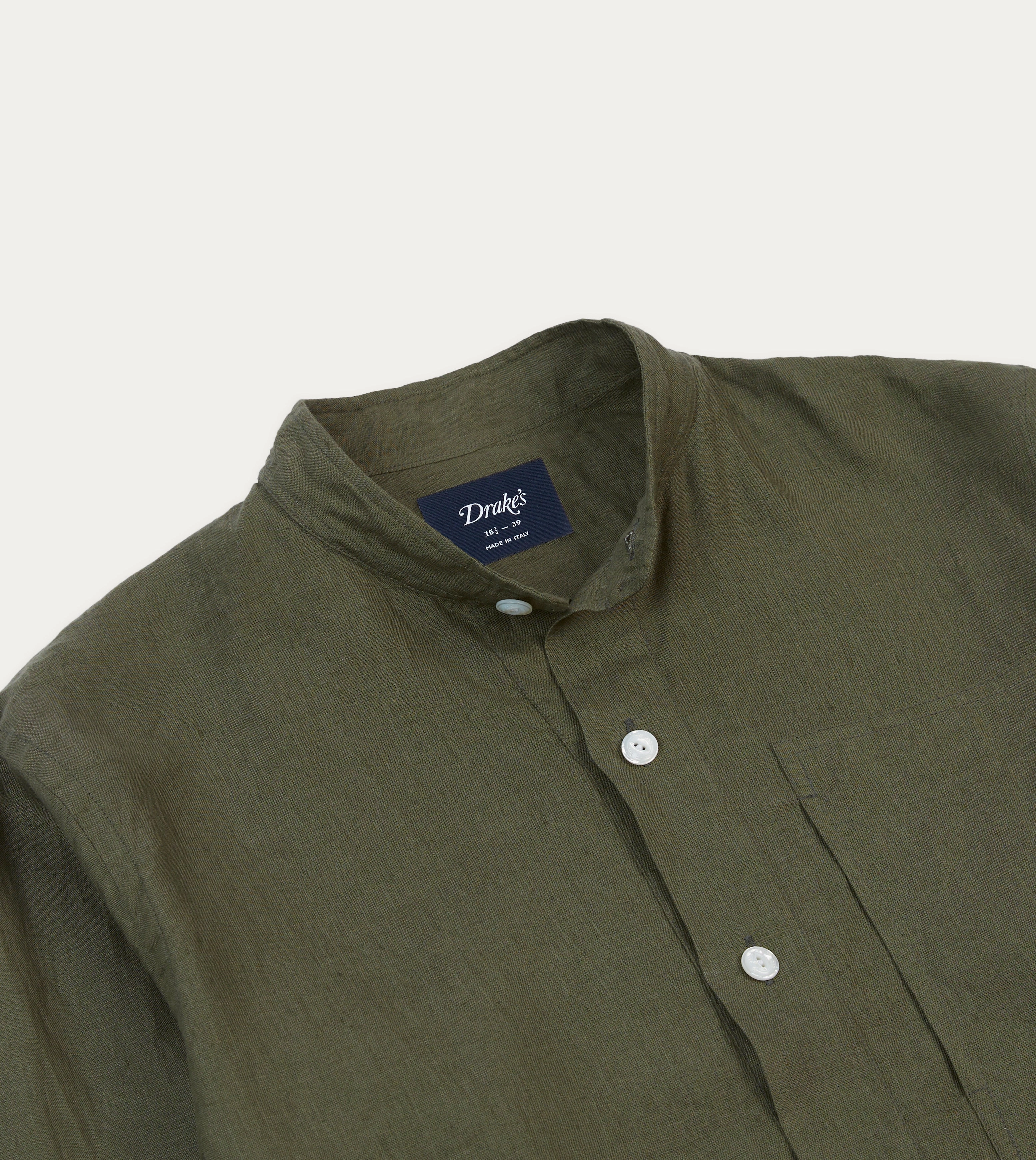 Contrast Stitch Distressed finish Olive Linen Mandarin Collar Popover Shirt