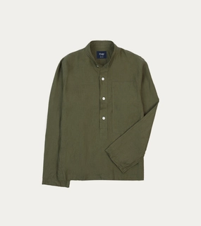 Olive Linen Mandarin Collar Popover Shirt Durable Material