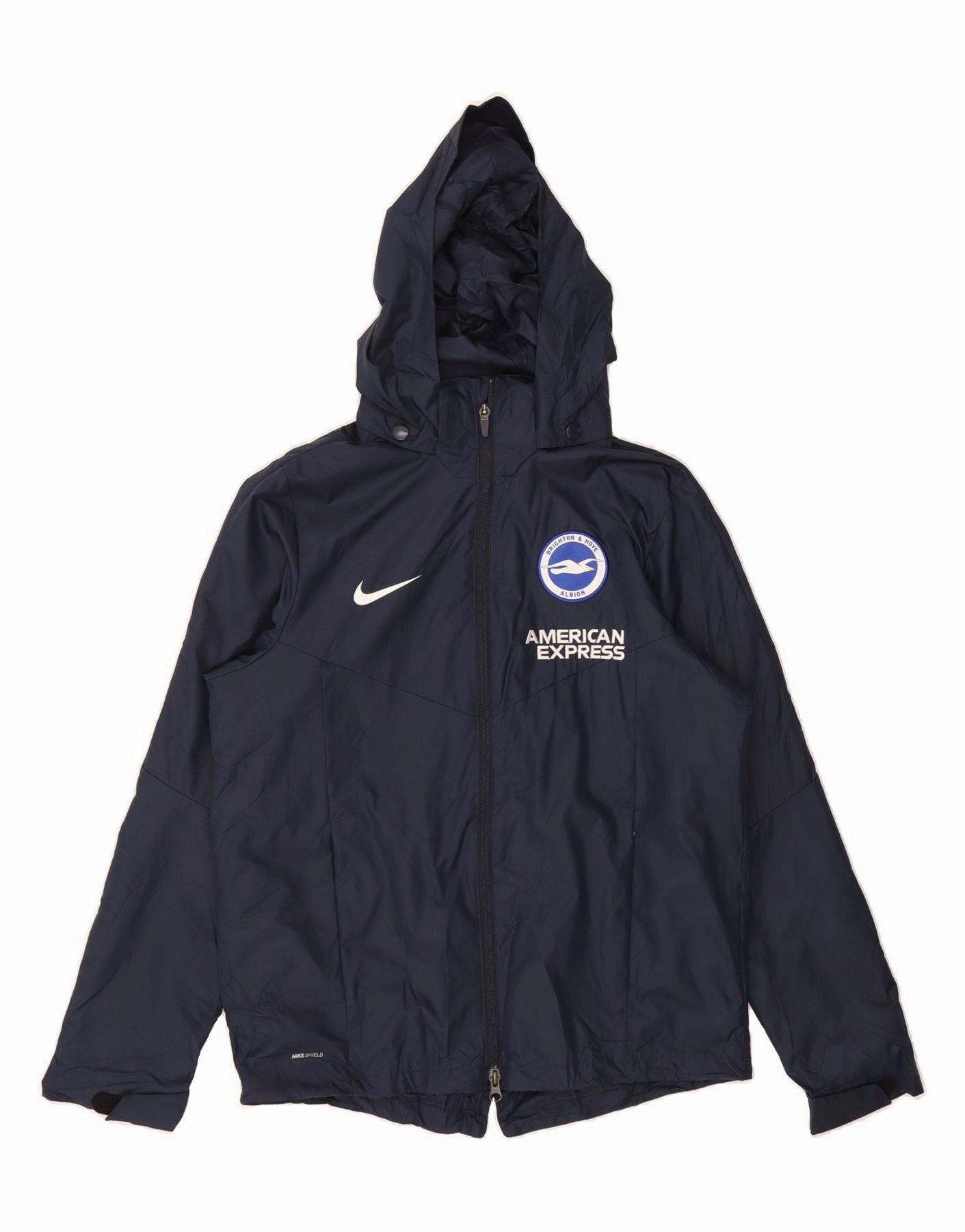 NIKE Boys Graphic Hooded Rain Jacket 13-14 Years XL Navy Blue Polyester Quick Pack